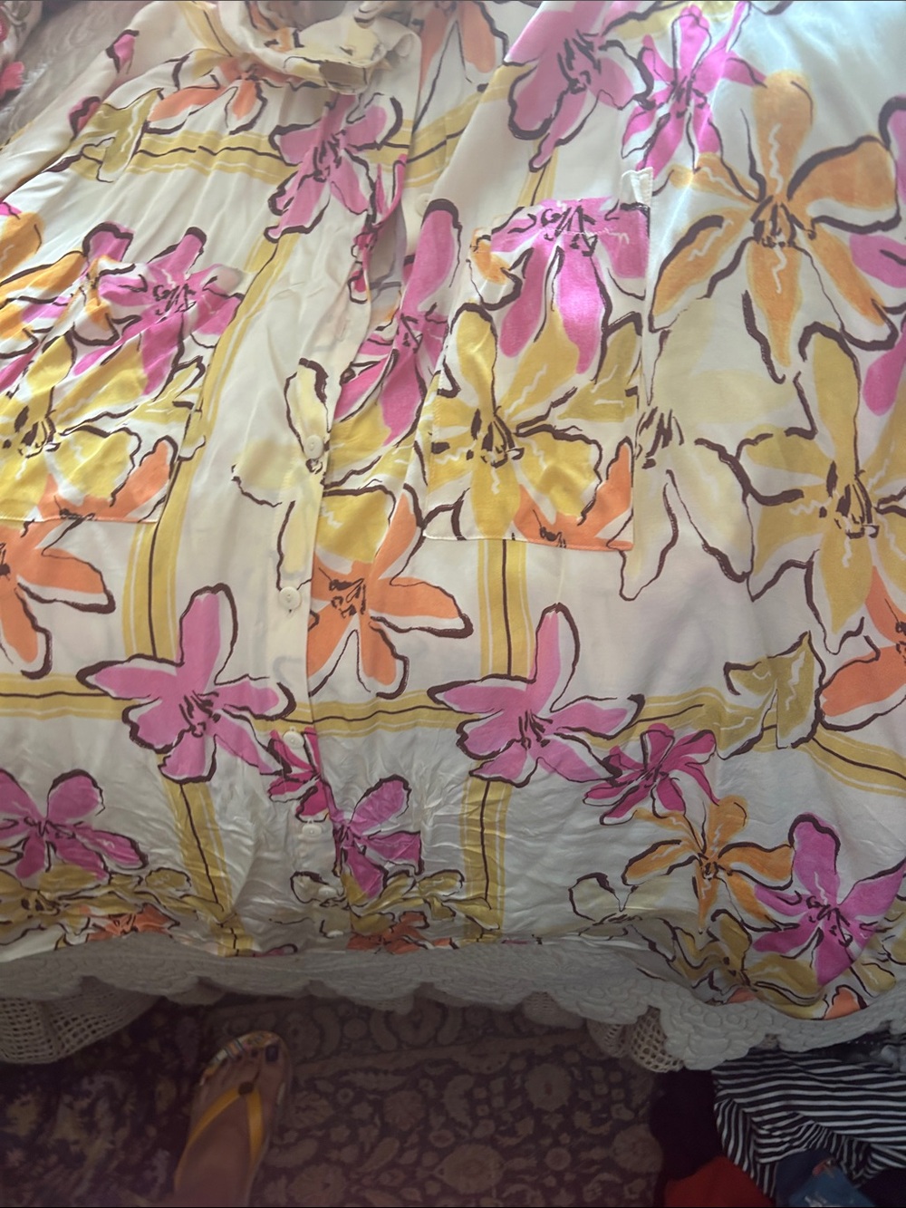 Corey Lynn Calter Cream Blouse with Pink, Yellow & Orange Floral Print